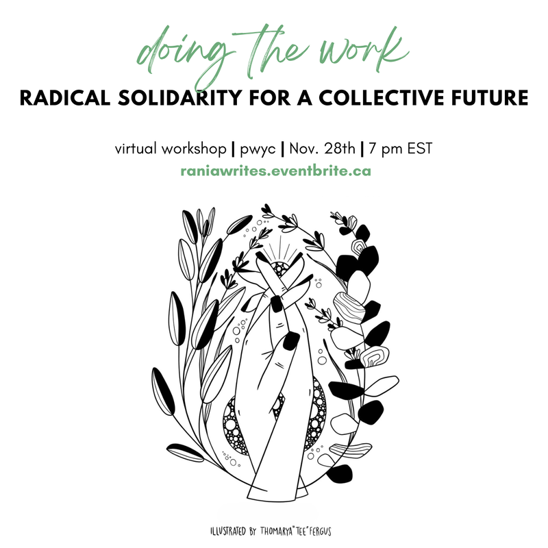 This event poster features a linework illustration of two clasped hands surrounded by foliage. The event advertised is a virtual workshop titled 